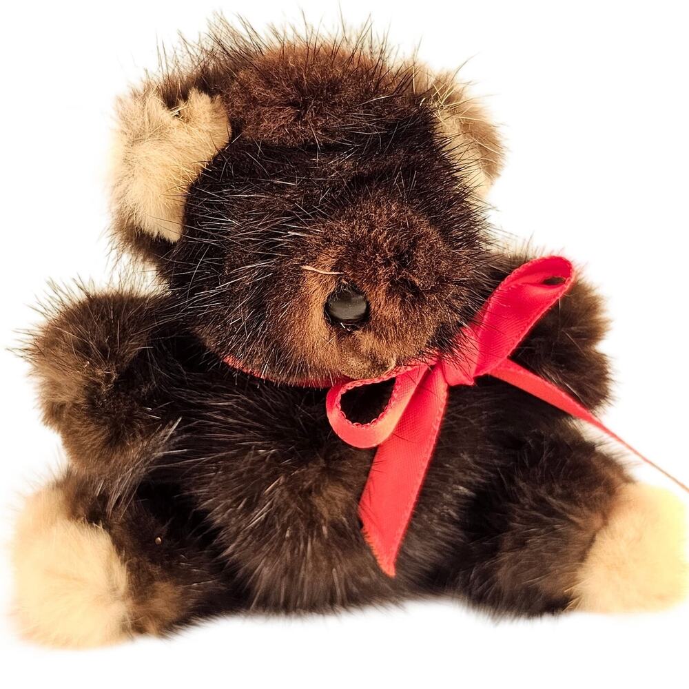Vintage Mink Fur Teddy Bear Plush Stuffed Animal Red Ribbon 4.5” Handmade
